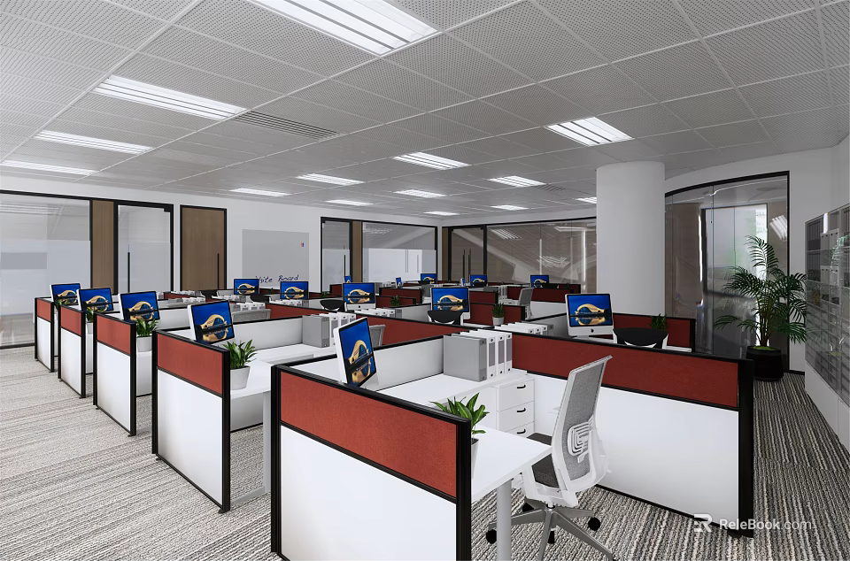 Modern Public Office Space With Cubicles Computers Plants And Bright Lighting 3d model 