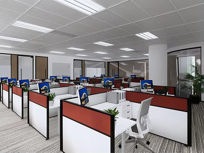 Modern Public Office Space With Cubicles Computers Plants And Bright Lighting 3d model
