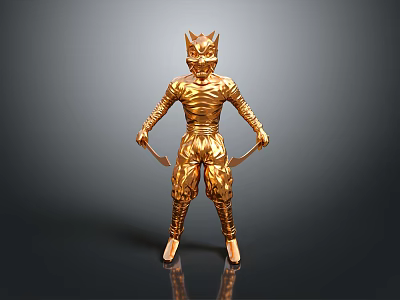 Golden Cat Headed Humanoid Statue With Textured Armor And Holding Weapons On Dark Reflective Surface 3d model