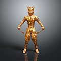 Golden Cat Headed Humanoid Statue With Textured Armor And Holding Weapons On Dark Reflective Surface