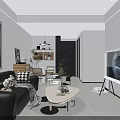 Modern Living and Dining Room With Black Sofa White Coffee Table TV Green Plants Rug