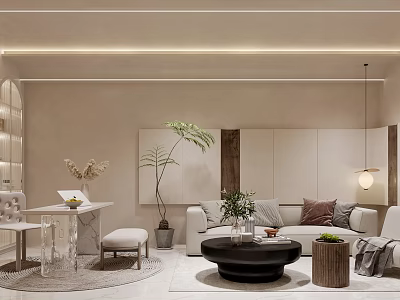 Modern Living Dining Room Interior Design With Sofa Coffee Table And Green Plants 3d model
