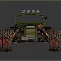 Green Off-Road Car With Roll Cage Exposed Engine Large Tires And Red Rims