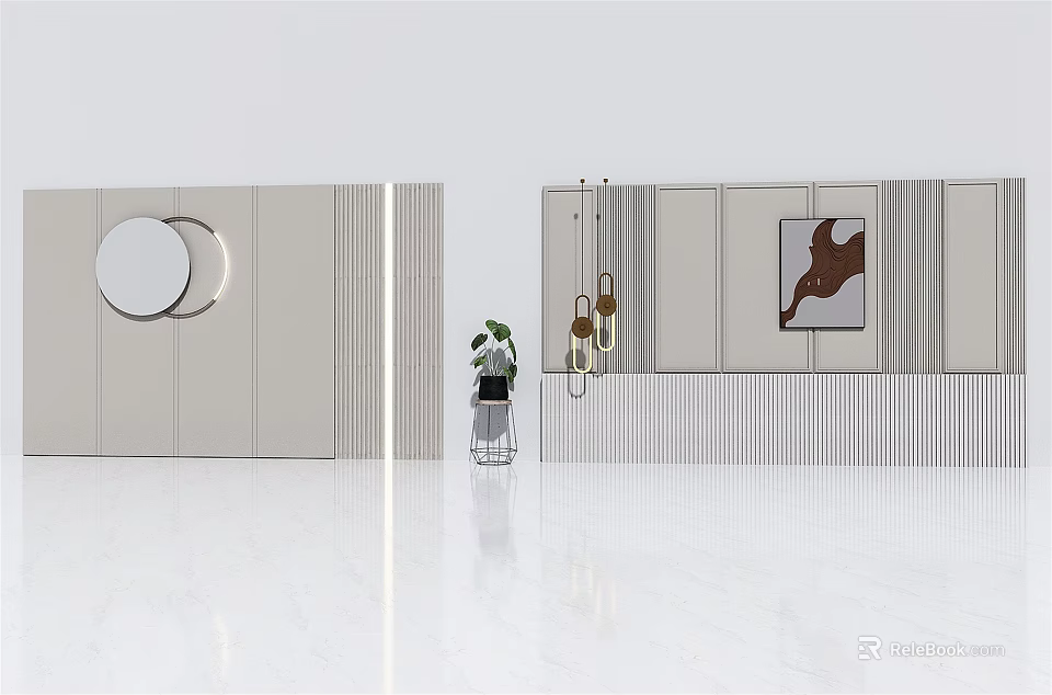 Modern Sofa Backdrop Wall Design With Circular Decor Hanging Artwork And Striped Panels 3d model