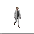 Woman in White Blazer and White Pants with Gray Patterned Top Standing on Black Background