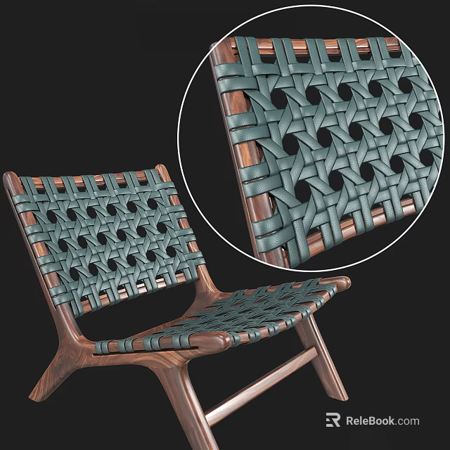 Green Woven Leisure Chair Featuring Intricate Weave Pattern And Solid Wooden Frame 3d model 