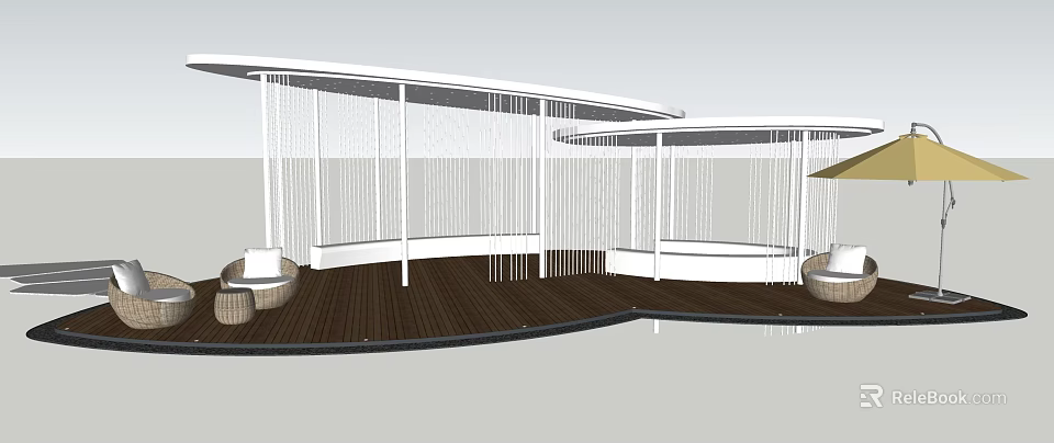 Modern Pergola Design With Curved White Frame Wooden Deck And Hanging Decorations 3d model 