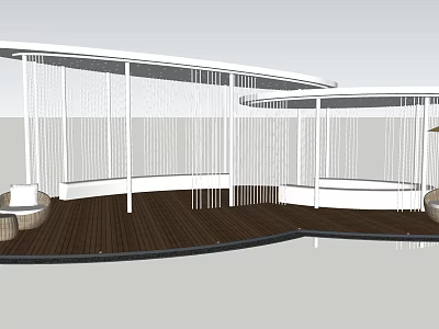 Modern Pergola Design With Curved White Frame Wooden Deck And Hanging Decorations 3d model