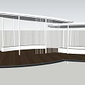 Modern Pergola Design With Curved White Frame Wooden Deck And Hanging Decorations