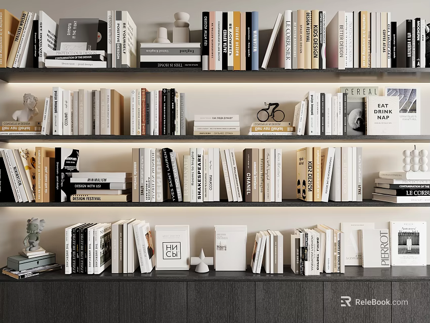 Well Organized Bookshelves With Various Books Magazines Small Sculptures And Photo Frames 3d model 