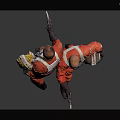 Two Male Game Movie Characters in Red Spacesuits Holding Helmets Against Gray Background