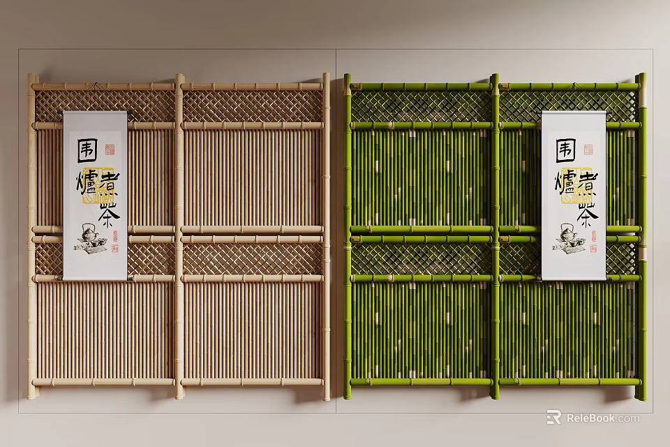 Japanese Style Garden Ornaments With Bamboo Screens In Light Wooden And Green With Character Scrolls 3d model 