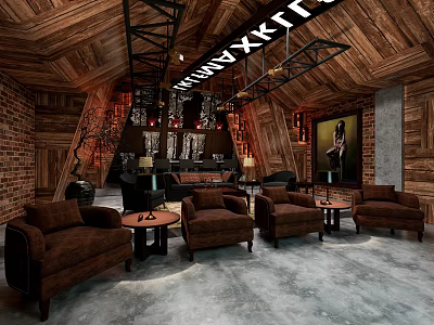 Rustic Industrial Bar Interior With Wooden Ceiling Brick Walls And Brown Leather Sofas 3d model