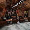 Rustic Industrial Bar Interior With Wooden Ceiling Brick Walls And Brown Leather Sofas