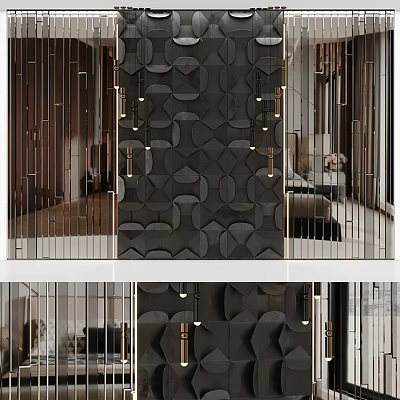Elegant Modern Bedroom Accent Wall With Geometric Patterns And Gold Lighting Fixtures 3d model