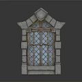 Medieval Style Stone Gate With Arched Top Stained Glass Windows And Decorative Carvings