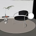 Modern Leisure Chair With Black Cushion And Metal Frame On Round Rug By Window Blind