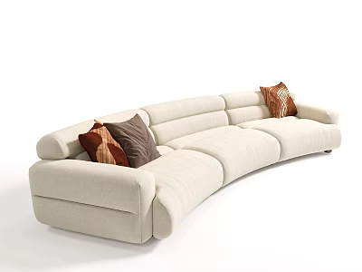 Beige Curved Three Seater Sofa With Brown Cushions And Fabric Upholstery 3d model