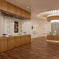 Modern Elegant Jewelry Store Interior With Circular Display Counter Glass Cases And Warm Lighting
