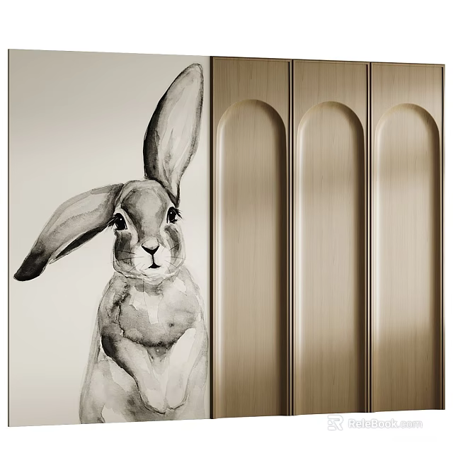 Light Wood Background Wall with Three Arched Doorways and Black White Rabbit Painting 3d model 