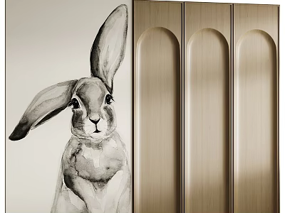 Light Wood Background Wall with Three Arched Doorways and Black White Rabbit Painting 3d model