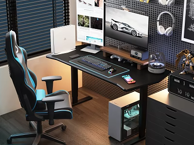 Modern Gaming Desk and Chair Set with Dual Monitors Keyboard and Headphones 3d model