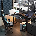 Modern Gaming Desk and Chair Set with Dual Monitors Keyboard and Headphones