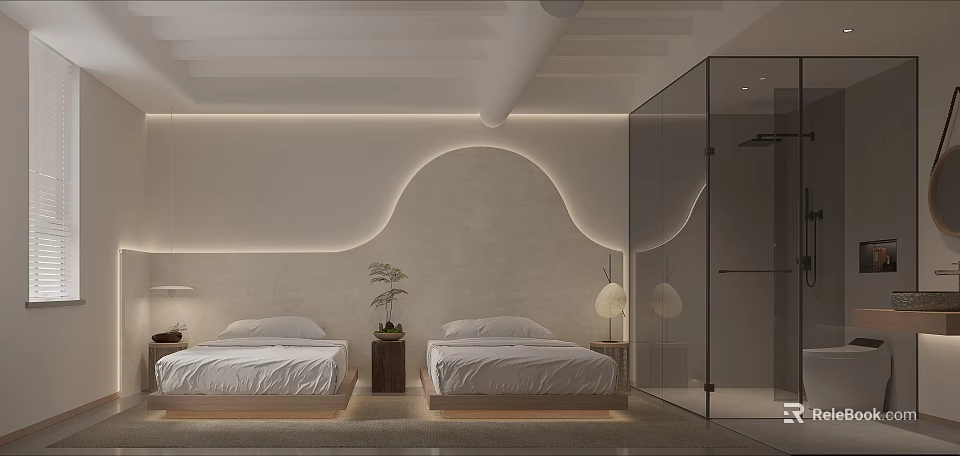 Modern Minimalist Hotel Guest Room with Two Beds Curved Wall and Glass Partition Bathroom 3d model 