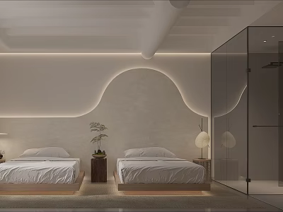 Modern Minimalist Hotel Guest Room with Two Beds Curved Wall and Glass Partition Bathroom 3d model