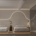 Modern Minimalist Hotel Guest Room with Two Beds Curved Wall and Glass Partition Bathroom