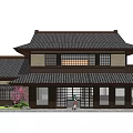 Traditional Japanese Style Commercial Complex With Wooden Structure Lattice Windows And Garden Plants