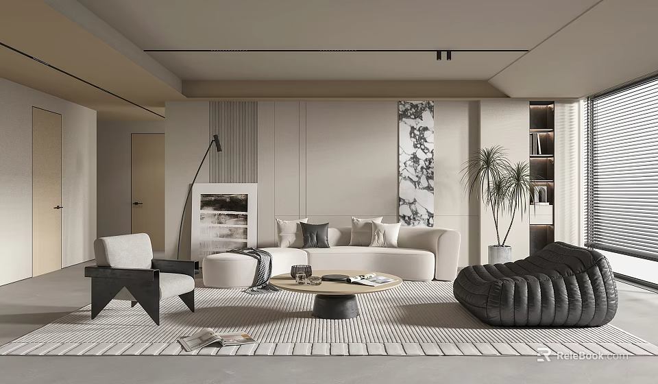 Modern Living Room Interior With Beige Sofa Round Coffee Table Black Chair And Green Plant 3d model 