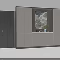 Modern Light Gray Decorative Cabinet With Open Shelf Dark Door Artwork And Vase