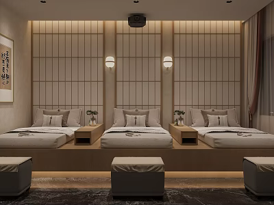 Relaxing SPA Sauna Interior With Wooden Panel Walls Comfortable Beds And Soft Wall Lamps 3d model