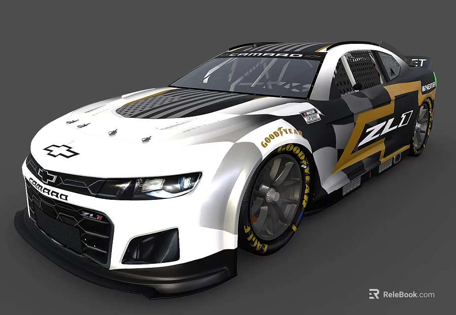 Chevrolet ZL1 Race Car With White Black Gold Livery Goodyear Tires And Aerodynamic Body Kit 3d model 