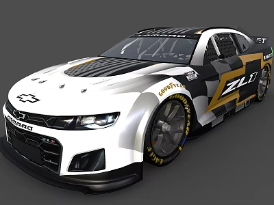 Chevrolet ZL1 Race Car With White Black Gold Livery Goodyear Tires And Aerodynamic Body Kit 3d model