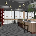 Modern Cafe Interior With Circular Ceiling Wooden Bar Counter Green Plants And High Stools