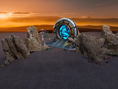 Futuristic Desert Base Entrance With Glowing Blue Circular Gate Rocky Terrain And Sunset Sky 3d model