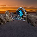Futuristic Desert Base Entrance With Glowing Blue Circular Gate Rocky Terrain And Sunset Sky