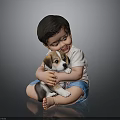 Little Boy Hugging Puppy Sitting On Black Floor Wearing White T-shirt And Blue Shorts