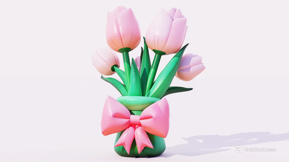 Inflatable Flower Vase With Pink Tulips Green Stems And Bow Design 3d model 