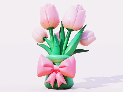 Inflatable Flower Vase With Pink Tulips Green Stems And Bow Design 3d model