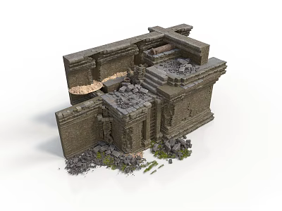 Ancient Stone Ruins Structure With Collapsed Walls Scattered Stones and Carved Columns 3d model