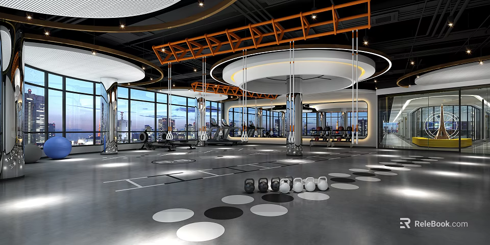 Fitness Gym Modern Interior With Large Windows Equipment Open Space And Round Floor Mats 3d model 