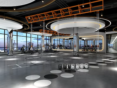 Fitness Gym Modern Interior With Large Windows Equipment Open Space And Round Floor Mats 3d model