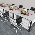 Modern Office Desk With Multiple Laptops And Red Mugs Surrounded By Ergonomic Chairs And Drawers
