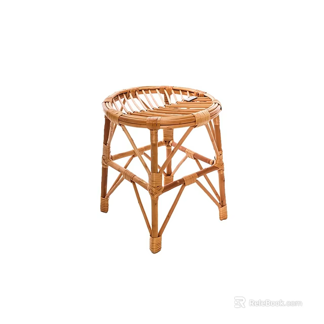 Handcrafted Round Wicker Stool With Woven Seat And Crossed Legs Design 3d model 