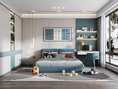 Modern Kids Room Interior Design With Blue Headboard Bed Soccer Ball Toy And Study Desk 3d model