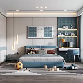 Modern Kids Room Interior Design With Blue Headboard Bed Soccer Ball Toy And Study Desk