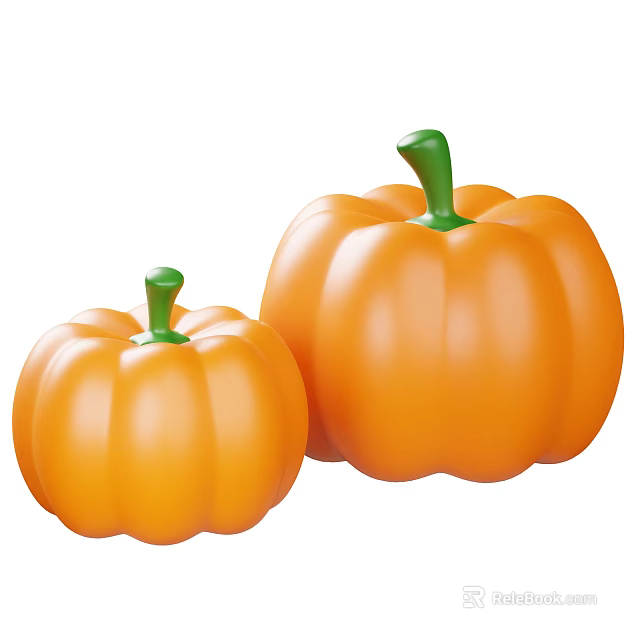 Two Fresh Orange Pumpkins with Green Stems as Healthy Vegetable Produce 3d model 